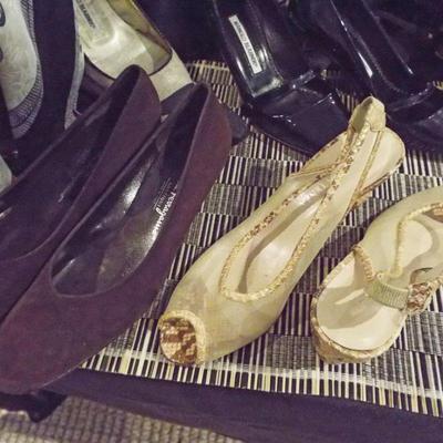 JIMMY CHOO, FERRAGAMO, KATE SPADE, MUANO, MANOLA BLAHNIK, PRADA, HGL SHOES, LOW BOOTS AND SANDALS IN SIZE 7.