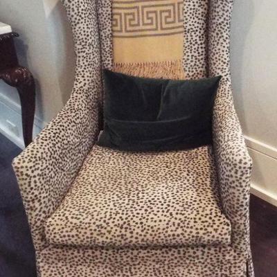 LEE FURNITURE LEOPARD PRINT MUTED GREY SWIVEL AND ROCKER CHAIR