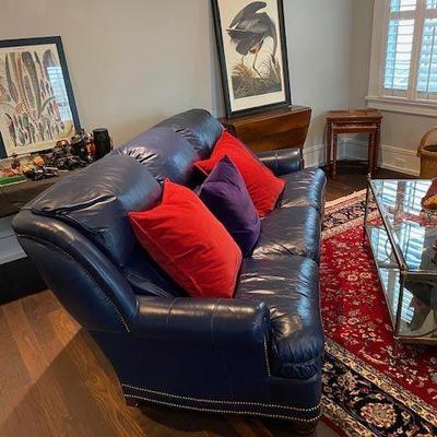 HANCOCK & MOORE NAVAL BLUE LEATHER NAILHEAD TRIM THREE SEAT SOFA