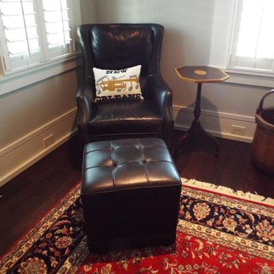 ARHAUS BLACK LEATHER-LIKE ARM CHAIR AND OTTOMAN