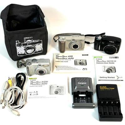 Lot #129 - Canon Powershot Camera Lot - A10, A520 & SX110 IS with Accessories.