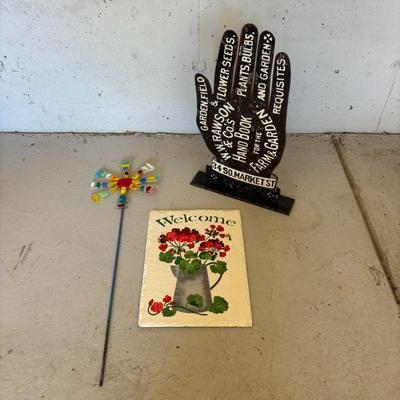 Lot #191 - Metal Farm & Garden Hand Sign, Stone Welcome Sign & Art Glass Garden Stake