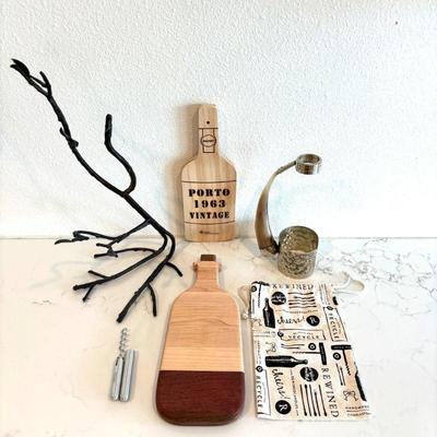Lot #21 - Wine Decor, Holder, and Tools Lot - Wooden Decor, Corkscrew, Decorative Wine Holder & More.