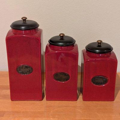Lot #143 - Set of 3 Red Canisters with Black Lids - Pier 1 Imports