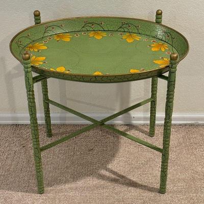 Lot #79 - Vintage Style Decorative Green Tray Table with Floral Design by Foreside