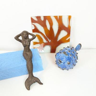Lot #36 - Ocean Decor Lot - Bronze Mermaid, Blue Fish Figurine, and Coral Pattern Fused Glass Charger
