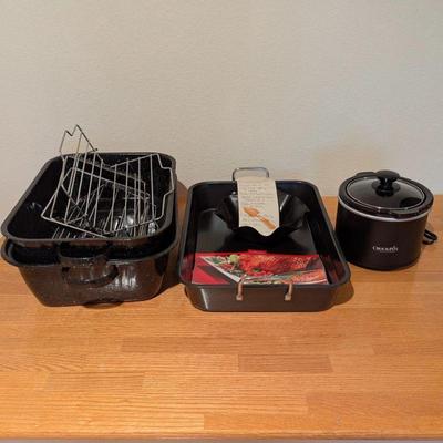 Lot #141 - Kitchenware Lot - Roasting Pans, Racks, Tortilla Warmer, and Crock Pot.