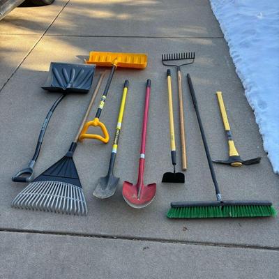 Lot #178 - Yard Tools Lot: Shovels, Rakes, Brooms & More