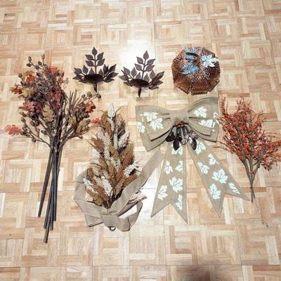 Lot #148 - Autumn Decor Lot - Decorative Arrangements, Bow, Candle Holders and Pumpkin.