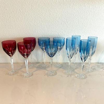 Lot #13 - Gorham Clermont Blue & Ruby Crystal Wine & Champagne Glasses Set - 10 Pieces.