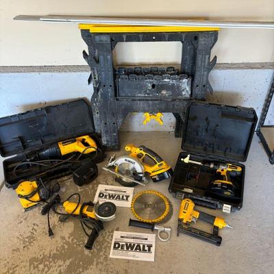 Lot #200 - DeWalt Tools Lot: Reciprocating Saw, Palm Grip Sander, Angle Grinder, Circular Saw, Brad Nail Gun, & Drill, & More...