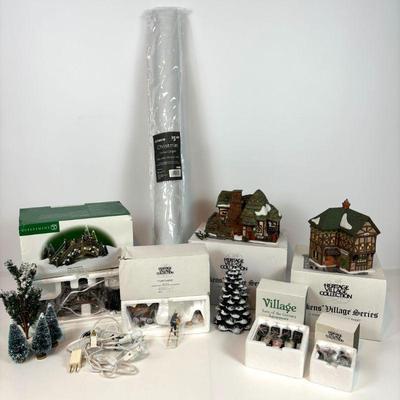Lot #154 - Dept 56 Heritage Dickens Village Collection - Crooked Fence Cottage, T Puddlewick Spectacle Shop, & Accessories