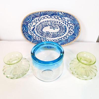 Lot #38 - Decorative Melamine Serving Platter and Hand Blown Glass Vases