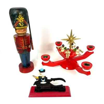 Lot #161 - Holiday Decor Lot - Wood and Metal Nutcrackers and a German Erzgebirge Advent Wooden Candelabra with Angels
