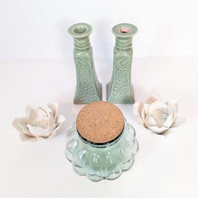 Lot #37 - Home Decor Lot - Sadek Green Candlestick Holders, Green Glass Pumpkin Jar & Decorative Flower Tealight Candle Holders