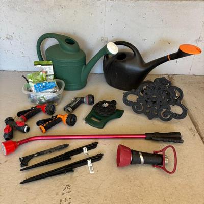 Lot #190 - Garden Watering Lot: Hose Holder, Hose Spray Nozzles, Watering Cans & More