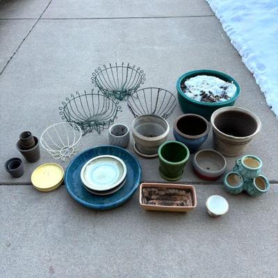 Lot #183 - Collection of Ceramic Planters & Wire Hanging Baskets
