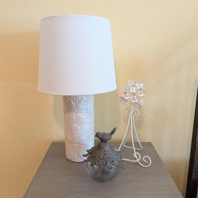 Lot #41- Home Decor Lot- Floral Lamp, Jar with Metal Bird Lid, and Metal Flower Stand