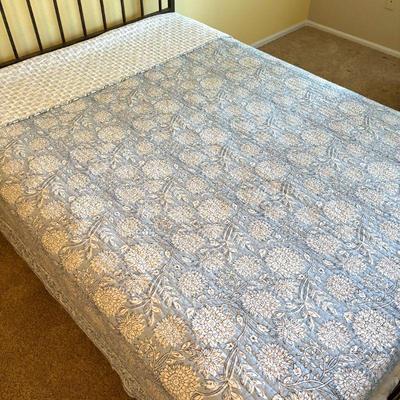 Lot #46 - Reversible Quilted Queen Bedspread - Floral Design in Blue and Cream.