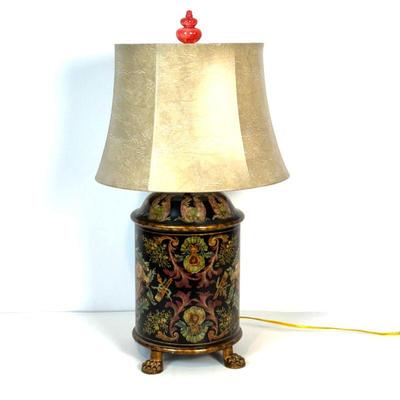 Lot #75 - Castilian Imports Tole Tea Canister Style Lamp On Bronze Lion's Paws