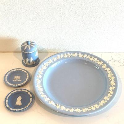 Lot #16 - Wedgwood Blue Jasperware Small City of London Crest & Portrait Plates, Large Grape Rimmed Plate & Lidded Tobacco Jar