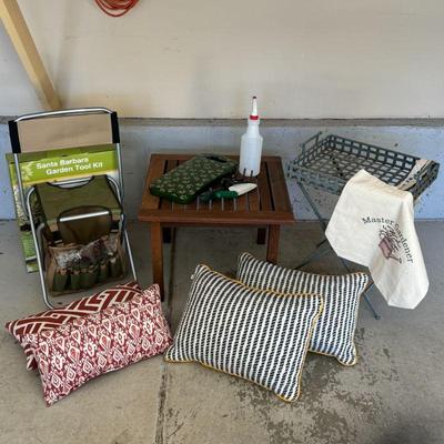 Lot #187 - NEW 9-Pc Garden Tool Kit, Small Patio Table, Metal Folding Tray Table, Decorative Pillows & A Gardening Tote Bag