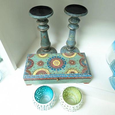 Lot #29 - Decorative Candle Holders and Hand-painted Storage Box Set.