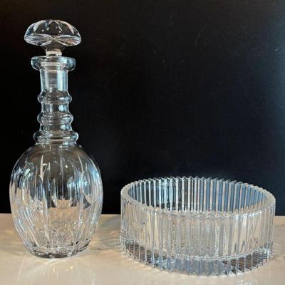 Lot #15 - Elegant Crystal Thumbprint Decanter and Mikasa Diamond Fire Cut Crystal Bowl