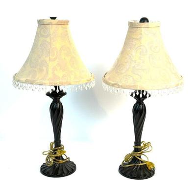Lot #126 - Elegant Pair of Vintage Table Lamps - Black Turned Base with Decorative Shades.