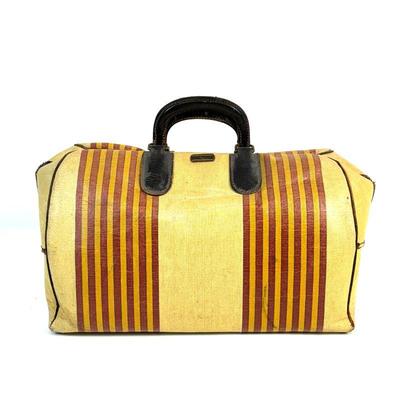 Lot #128 - Vintage Oshkosh Luggage Chief Weekender Bag C. 1930s - Yellow and Red Striped Design.