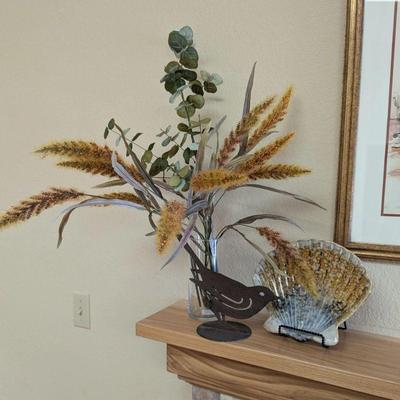 Lot #7 - Decorative Home Accents Lot - Faux Floral Arrangement in Glass Vase, Metal Bird, and Ceramic Shell