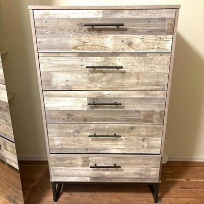 Lot #50 - Ashley Furniture Neilsville Five Drawer Chest of Drawers - Whitewash Finish with Metal Legs.