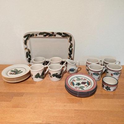 Lot #146 - Hartstone Dishware Lot - Plates, Mugs, Creamer, Sugar & Serving Tray.