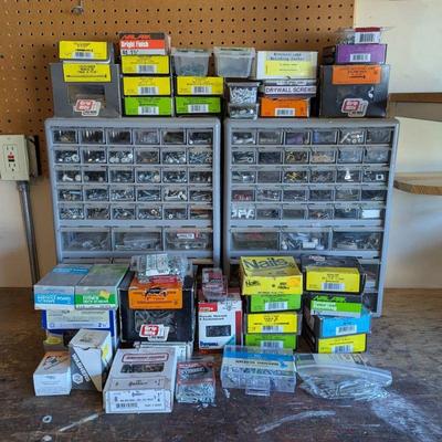 Lot #208 - Huge Assortment of Nails, Screws, Hooks & More, Plus 2 Organizers