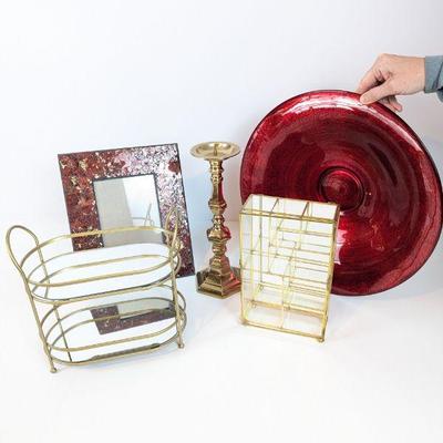 Lot #90 - Decorative Home Accents Lot - Picture Frame, Candleholder, Glass Stand & Serving Plate.