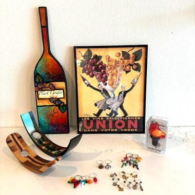 Lot #20 - Unique Wine Home Decor and Accessory Lot - Art, Floating Bottle Holders, and Wine Charms.
