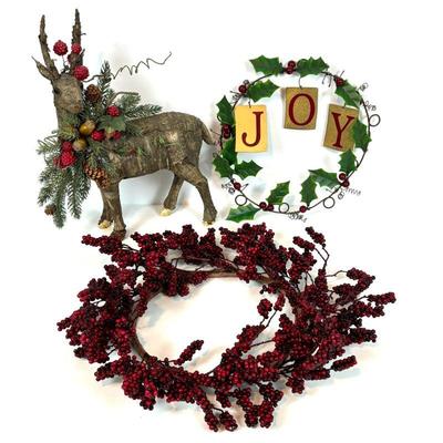 Lot #155 - Rustic Holiday Decor Lot - Reindeer Figure, Joy Wreath, and Berry Wreath.