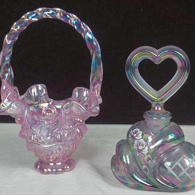 Vintage Fenton Carnival Glass Basket & Perfume Bottle