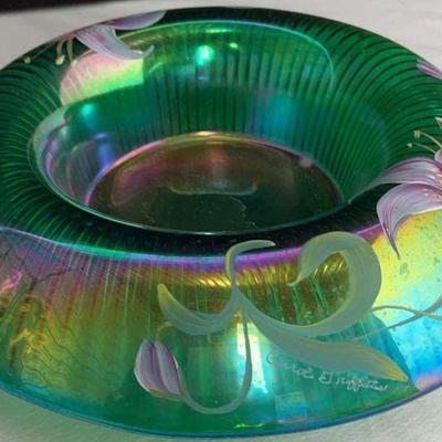 Sale Photo Thumbnail #51: Fenton Art Glass Centerpiece Bowl - Iridescent Green with Hand-Painted Lilies