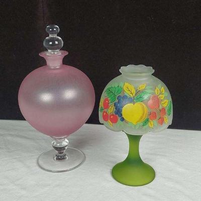 Pink Frosted Perfume Bottle and Green Lamp Base