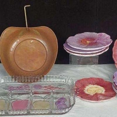 Vintage Kitchenware Lot - Flower Plates, Copper Dish, Glass Bowls, Serving Tray