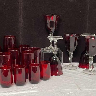 Ruby Red Glasses Set Retro