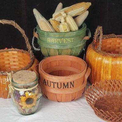 Rustic Autumn Decor - Baskets, Faux Corn, and Dried Flower Jar