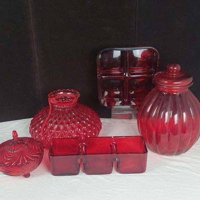 Retro Ruby Red Glassware, Candy Dish, Jars