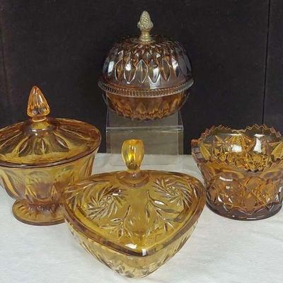 Amber Cut Glass Candy Dishes - Set of 4