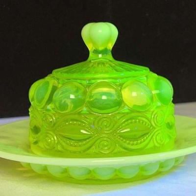 Rare Uranium Glass Dessert Dish with Lid - Amazing GLOW!