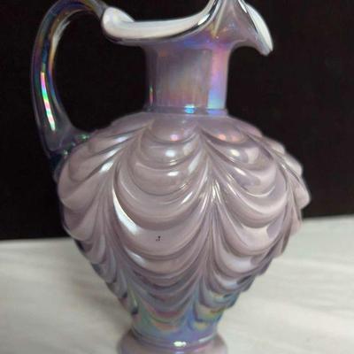 Fenton Carnival Glass Pitcher - Scalloped Design, Purple & White, 8" Tall