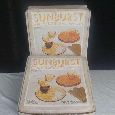 Two Indiana Glass Co. "Sunburst" 8-Piece Snack Sets - Vintage