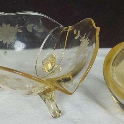 Vintage Etched Glass Triangle Bowl & Handblown Perfume Bottle