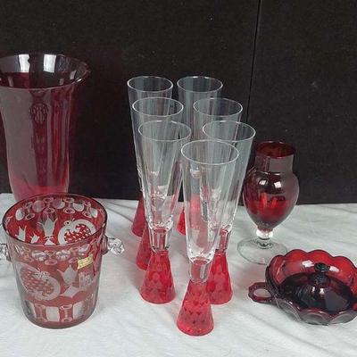 Red Party Glass Collection, Vase, Ice Bucket, Retro
